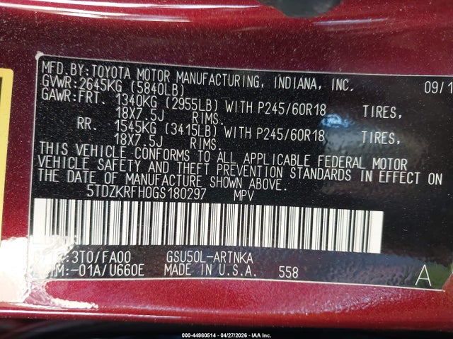5TDZKRFH0GS180297 Toyota Highlander Le Plus V6