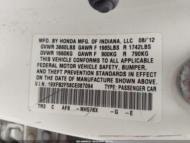 44980516 :رقم المزاد ، 19XFB2F58CE087094 vin ، 2012 Honda Civic Lx مزاد بيع