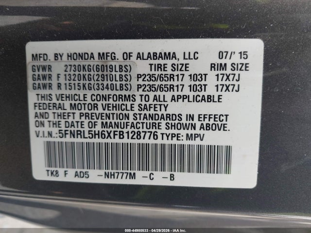 Aukcja sprzedaży 2015 Honda Odyssey Ex-l, vin: 5FNRL5H6XFB128776, numer aukcji: 44980533
