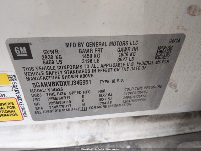 2014 Buick Enclave Leather მანქანა იყიდება აუქციონზე, vin: 5GAKVBKDXEJ345951, აუქციონის ნომერი: 44980535