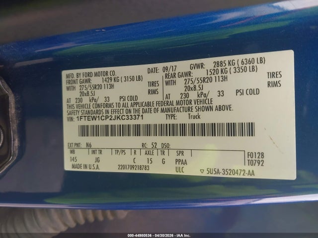 2018 Ford F-150 Xl მანქანა იყიდება აუქციონზე, vin: 1FTEW1CP2JKC33371, აუქციონის ნომერი: 44980536