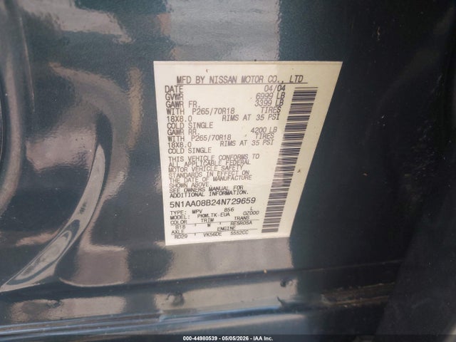 Aukcja sprzedaży 2004 Nissan Armada Se/le, vin: 5N1AA08B24N729659, numer aukcji: 44980539