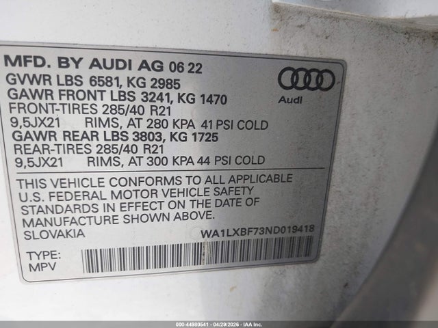 Aukcja sprzedaży 2022 Audi Q7 Premium Plus 55 Tfsi Quattro Tiptronic, vin: WA1LXBF73ND019418, numer aukcji: 44980541