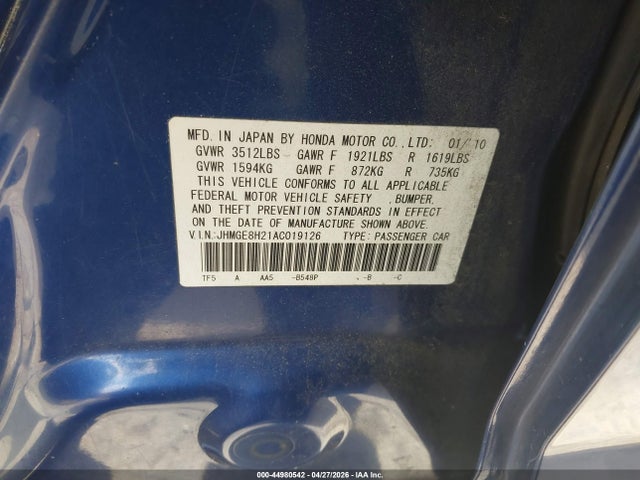 2010 Honda Fit მანქანა იყიდება აუქციონზე, vin: JHMGE8H21AC019126, აუქციონის ნომერი: 44980542