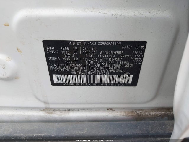 Продажа на аукционе авто 2019 Subaru Outback 2.5i Premium, vin: 4S4BSAFC3K3246239, номер лота: 44980546