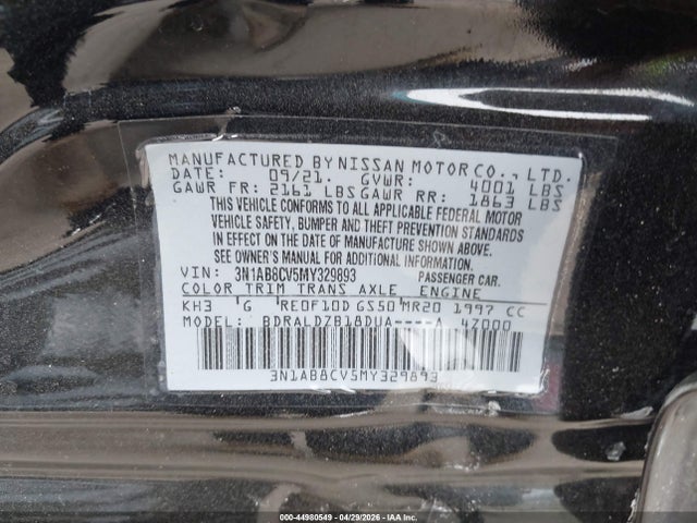 Aukcja sprzedaży 2021 Nissan Sentra Sv Xtronic Cvt, vin: 3N1AB8CV5MY329893, numer aukcji: 44980549