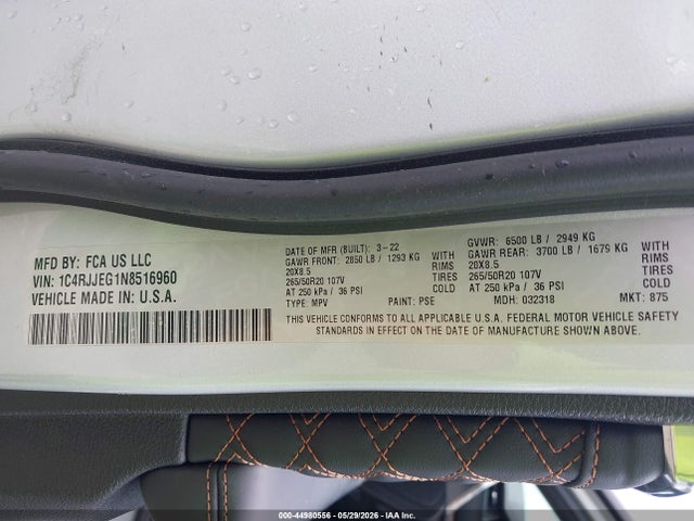 44980556 :رقم المزاد ، 1C4RJJEG1N8516960 vin ، 2022 Jeep Grand Cherokee L Summit 4x2 مزاد بيع