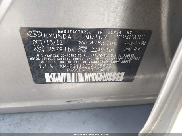 44980560 :رقم المزاد ، KMHFG4JG2DA215500 vin ، 2013 Hyundai Azera مزاد بيع