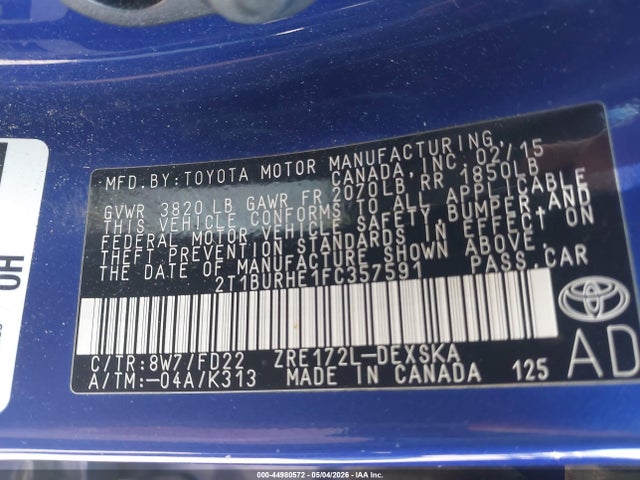 2015 Toyota Corolla S Plus მანქანა იყიდება აუქციონზე, vin: 2T1BURHE1FC357591, აუქციონის ნომერი: 44980572