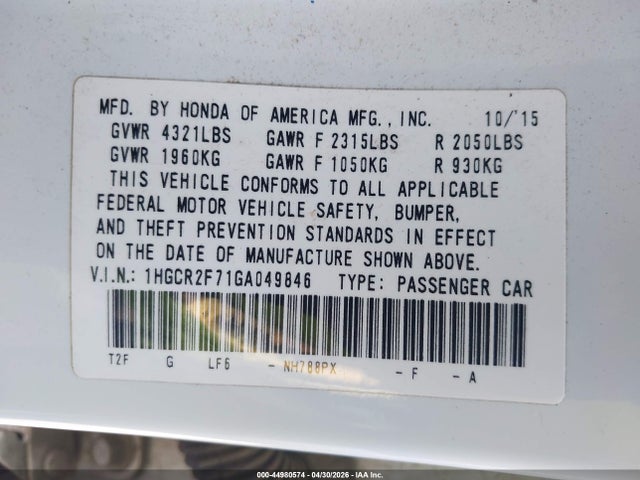 Honda ACCORD EX 2016 1HGCR2F71GA049846 Image 9