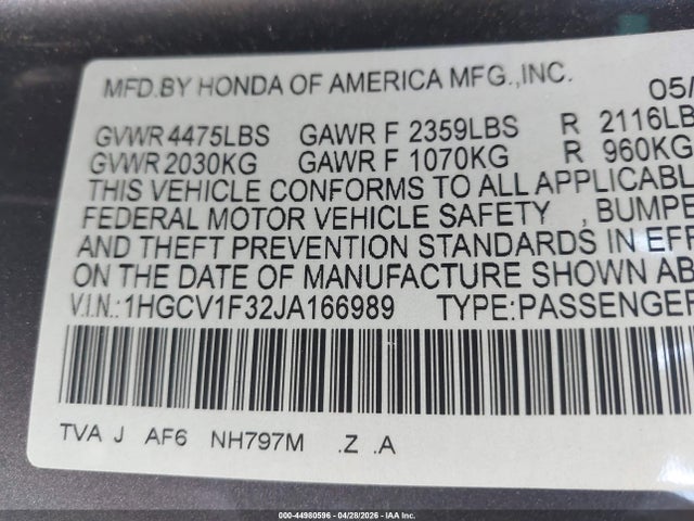 2018 Honda Accord Sport მანქანა იყიდება აუქციონზე, vin: 1HGCV1F32JA166989, აუქციონის ნომერი: 44980596