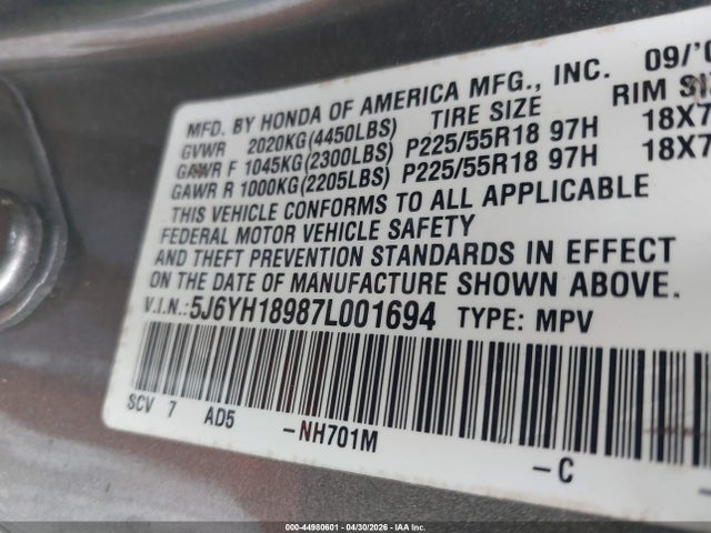 44980601 :رقم المزاد ، 5J6YH18987L001694 vin ، 2007 Honda Element Sc مزاد بيع