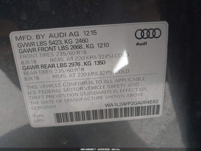 Aukcja sprzedaży 2016 Audi Q5 2.0t Premium, vin: WA1L2AFP2GA094592, numer aukcji: 44980617