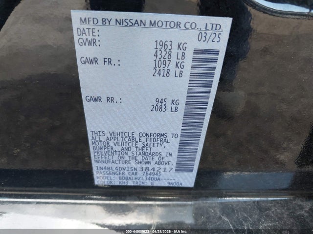 Продаж на аукціоні авто 2025 Nissan Altima Sv Fwd, vin: 1N4BL4DV1SN384217, номер лоту: 44980623