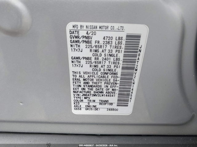 44980637 :رقم المزاد ، JN8AT2MV2LW144541 vin ، 2020 Nissan Rogue Sv Intelligent Awd مزاد بيع
