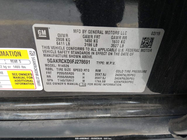 44980642 :رقم المزاد ، 5GAKRCKD9FJ278691 vin ، 2015 Buick Enclave Premium مزاد بيع
