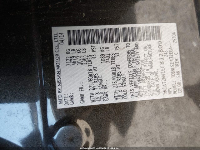 Aukcja sprzedaży 2014 Nissan Rogue Sl, vin: 5N1AT2MV1EC812809, numer aukcji: 44980670