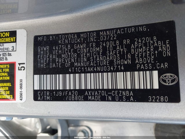 44980677 :رقم المزاد ، 4T1C11AK4NU034714 vin ، 2022 Toyota Camry Le مزاد بيع