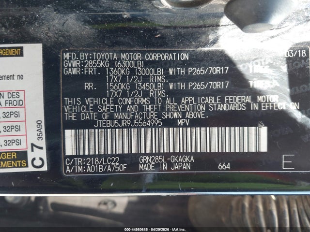 44980685 :رقم المزاد ، JTEBU5JR9J5564995 vin ، 2018 Toyota 4runner Trd Off Road Premium مزاد بيع
