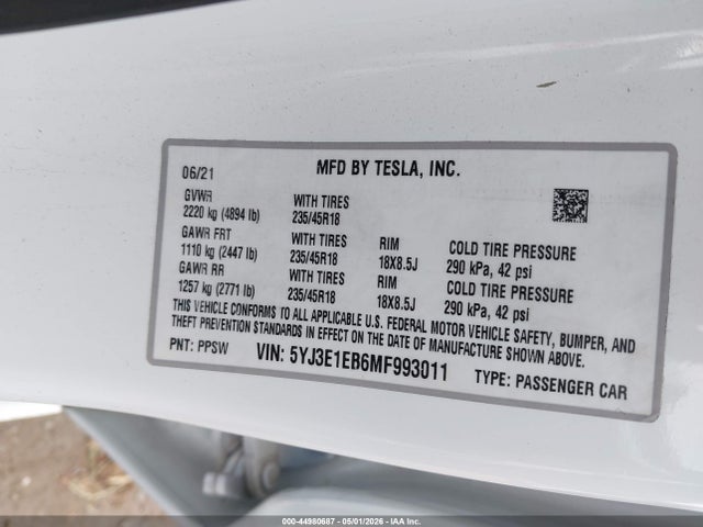 Aukcja sprzedaży 2021 Tesla Model 3 Long Range Dual Motor All-wheel Drive, vin: 5YJ3E1EB6MF993011, numer aukcji: 44980687
