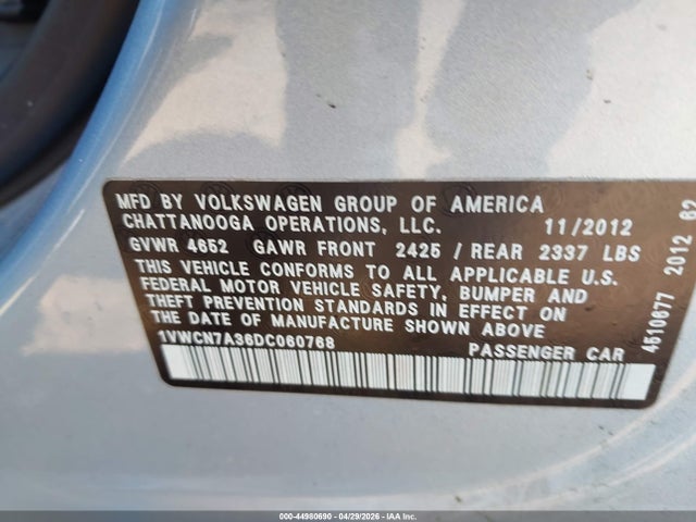 44980690 :رقم المزاد ، 1VWCN7A36DC060768 vin ، 2013 Volkswagen Passat 2.0l Tdi Sel Premium مزاد بيع