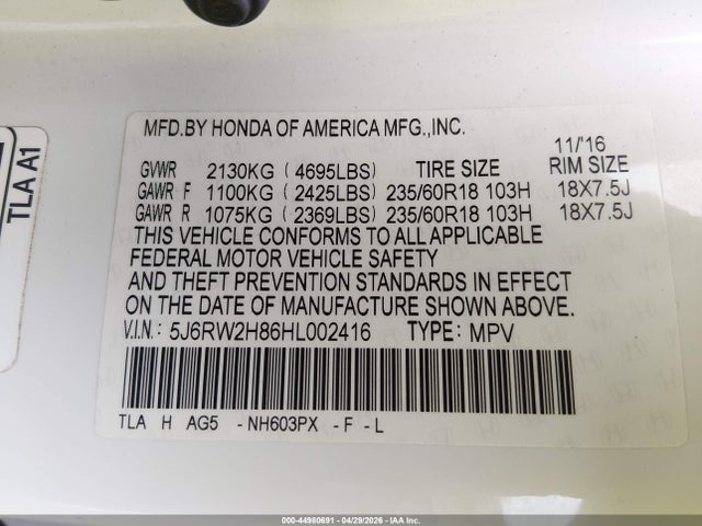 Aukcja sprzedaży 2017 Honda Cr-v Ex-l/ex-l Navi, vin: 5J6RW2H86HL002416, numer aukcji: 44980691