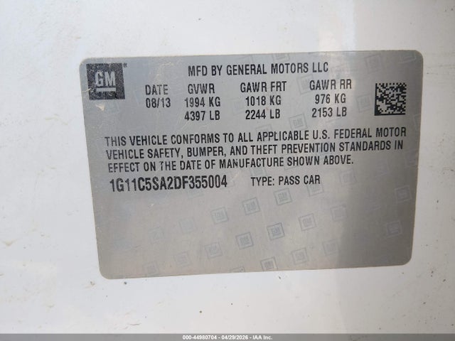 Aukcja sprzedaży 2013 Chevrolet Malibu 1lt, vin: 1G11C5SA2DF355004, numer aukcji: 44980704