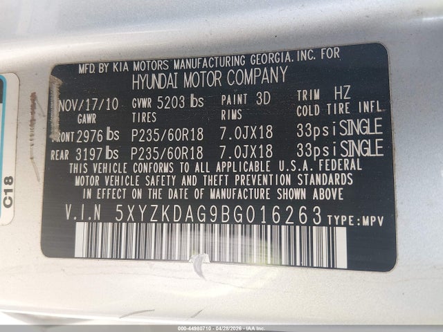 44980710 :رقم المزاد ، 5XYZKDAG9BG016263 vin ، 2011 Hyundai Santa Fe Limited V6 مزاد بيع