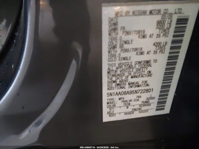 Продаж на аукціоні авто 2005 Nissan Armada Le, vin: 5N1AA08A95N722801, номер лоту: 44980716