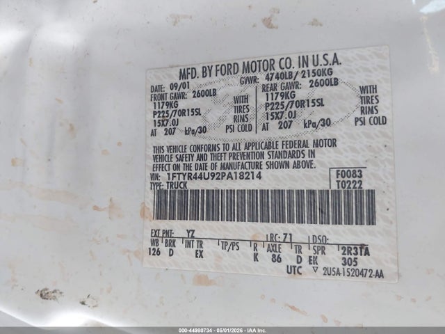 44980734 :رقم المزاد ، 1FTYR44U92PA18214 vin ، 2002 Ford Ranger Edge/tremor/xlt مزاد بيع