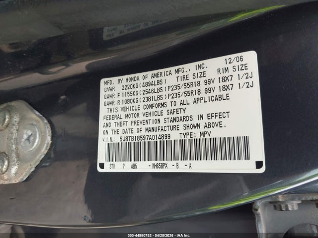 2007 Acura Rdx მანქანა იყიდება აუქციონზე, vin: 5J8TB18597A014899, აუქციონის ნომერი: 44980752