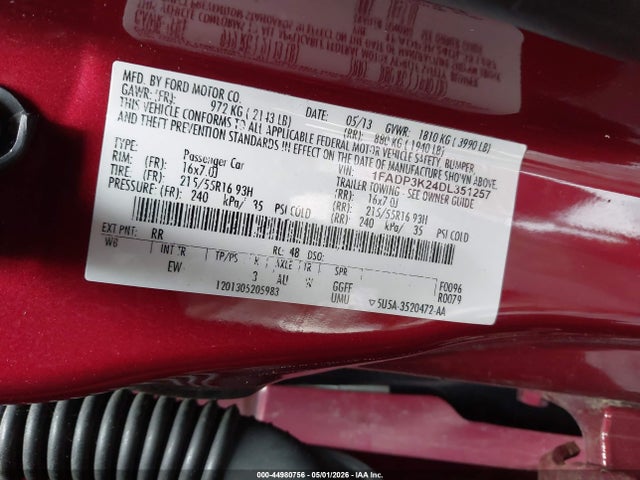 44980756 :رقم المزاد ، 1FADP3K24DL351257 vin ، 2013 Ford Focus Se مزاد بيع