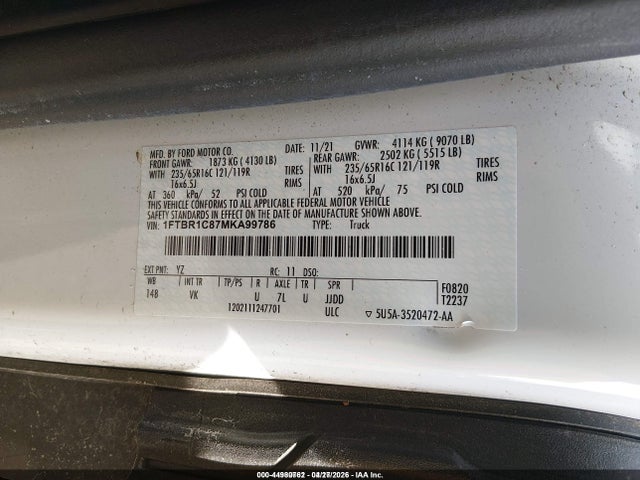2021 Ford Transit-250 მანქანა იყიდება აუქციონზე, vin: 1FTBR1C87MKA99786, აუქციონის ნომერი: 44980762