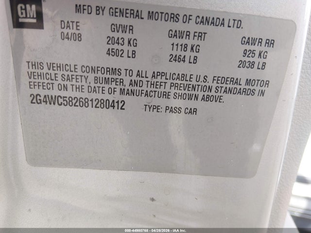 Aukcja sprzedaży 2008 Buick Lacrosse Cx, vin: 2G4WC582681280412, numer aukcji: 44980768