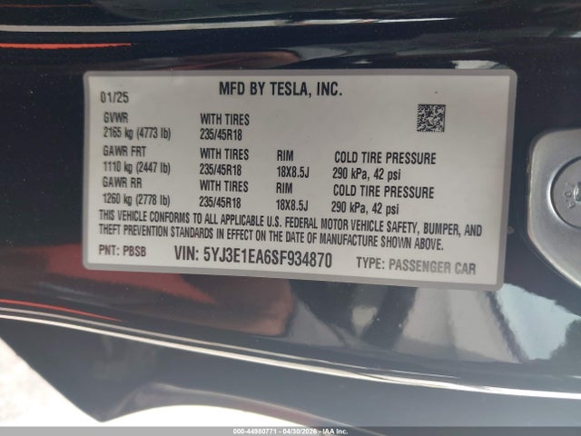 44980771 :رقم المزاد ، 5YJ3E1EA6SF934870 vin ، 2025 Tesla Model 3 Long Range Rear-wheel Drive/standard Rear-wheel Drive مزاد بيع