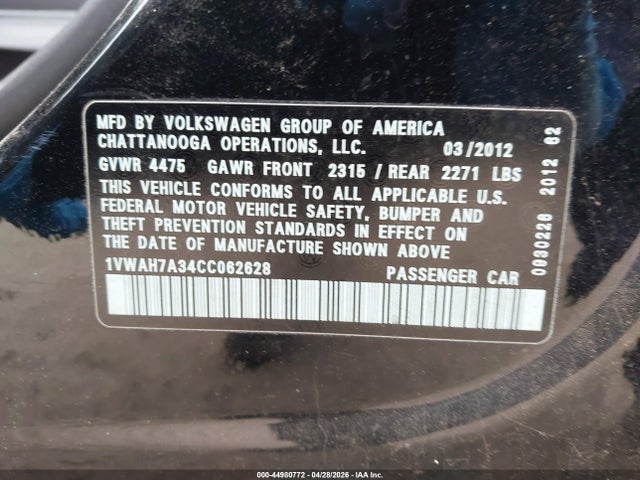 Продаж на аукціоні авто 2012 Volkswagen Passat 2.5l S, vin: 1VWAH7A34CC062628, номер лоту: 44980772
