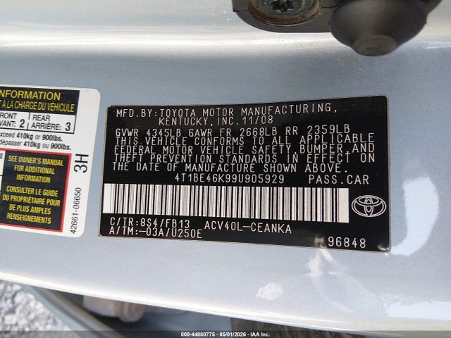 Aukcja sprzedaży 2009 Toyota Camry Le, vin: 4T1BE46K99U905929, numer aukcji: 44980775