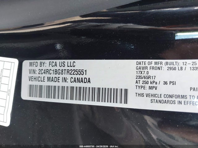 2026 Chrysler Pacifica Select მანქანა იყიდება აუქციონზე, vin: 2C4RC1BG8TR225551, აუქციონის ნომერი: 44980785