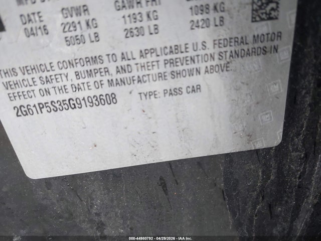 44980792 :رقم المزاد ، 2G61P5S35G9193608 vin ، 2016 Cadillac Xts Premium Collection مزاد بيع