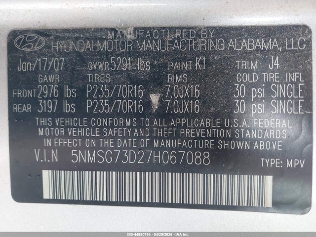 Продаж на аукціоні авто 2007 Hyundai Santa Fe Gls, vin: 5NMSG73D27H067088, номер лоту: 44980794