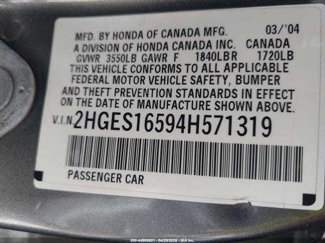 2004 Honda Civic Lx მანქანა იყიდება აუქციონზე, vin: 2HGES16594H571319, აუქციონის ნომერი: 44980801