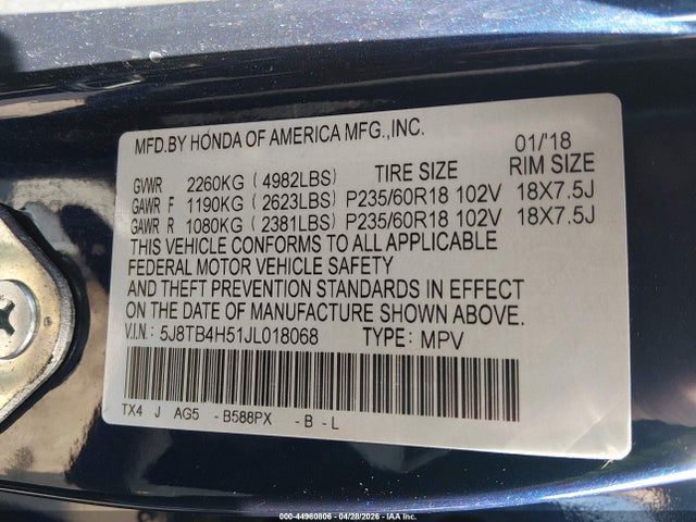 Aukcja sprzedaży 2018 Acura Rdx Technology   Acurawatch Plus Packages/technology Package, vin: 5J8TB4H51JL018068, numer aukcji: 44980806