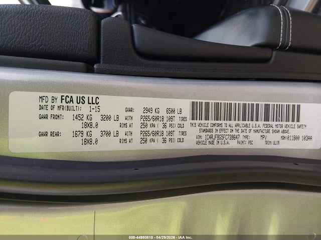44980810 :رقم المزاد ، 1C4RJFBG5FC739647 vin ، 2015 Jeep Grand Cherokee Limited مزاد بيع