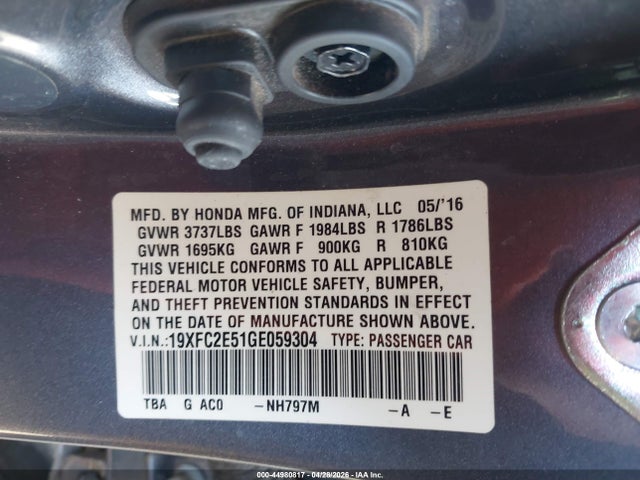 44980817 :رقم المزاد ، 19XFC2E51GE059304 vin ، 2016 Honda Civic Lx مزاد بيع