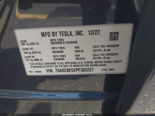 Продаж на аукціоні авто 2023 Tesla Model X Dual Motor All-wheel Drive/standard Range, vin: 7SAXCBE5XPF380257, номер лоту: 44980822