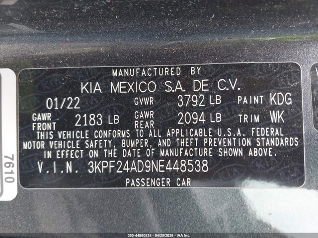 Продаж на аукціоні авто 2022 Kia Forte Lxs, vin: 3KPF24AD9NE448538, номер лоту: 44980824