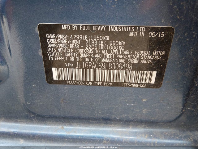 44980836 :رقم المزاد ، JF1GPAC69F8306498 vin ، 2015 Subaru Impreza 2.0i Premium مزاد بيع