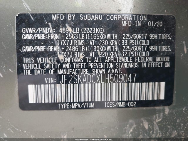2020 Subaru Forester მანქანა იყიდება აუქციონზე, vin: JF2SKADCXLH509047, აუქციონის ნომერი: 44980841