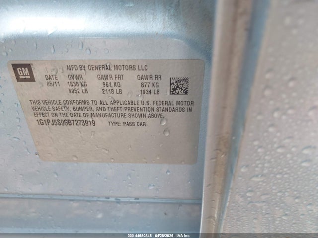 44980846 :رقم المزاد ، 1G1PJ5S96B7273919 vin ، 2011 Chevrolet Cruze Eco مزاد بيع