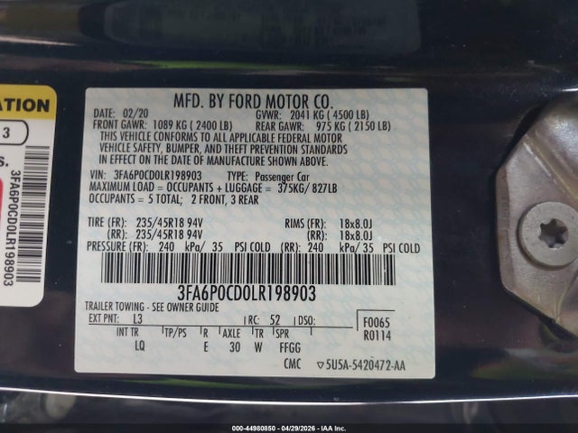 Продаж на аукціоні авто 2020 Ford Fusion Sel, vin: 3FA6P0CD0LR198903, номер лоту: 44980850